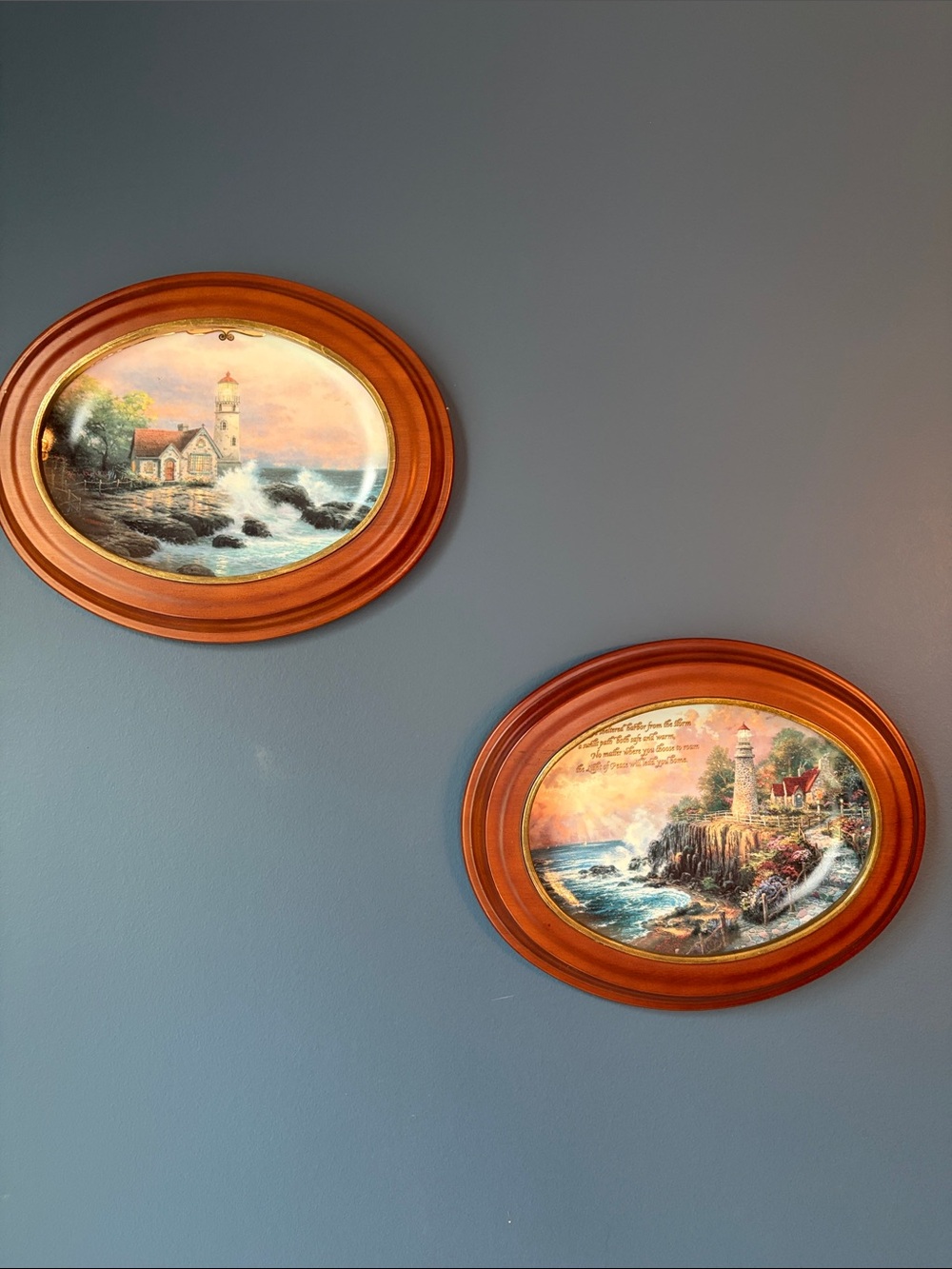 Set of Two Oval Lighthouse Wall Plaques in Brown by Thomas Kinkade.